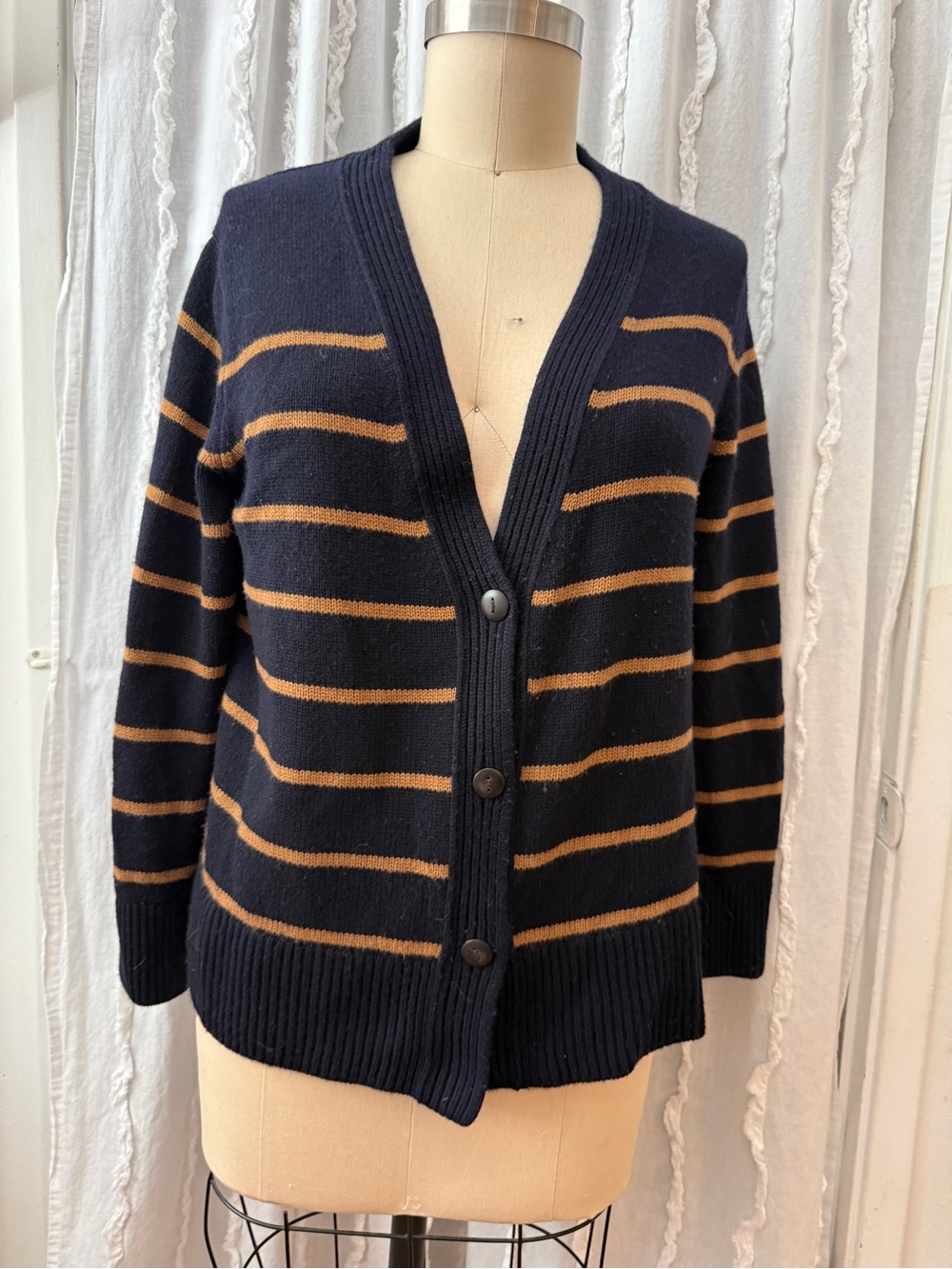 Vince Striped V-Neck Button Cardigan Sweater - Navy & Camel